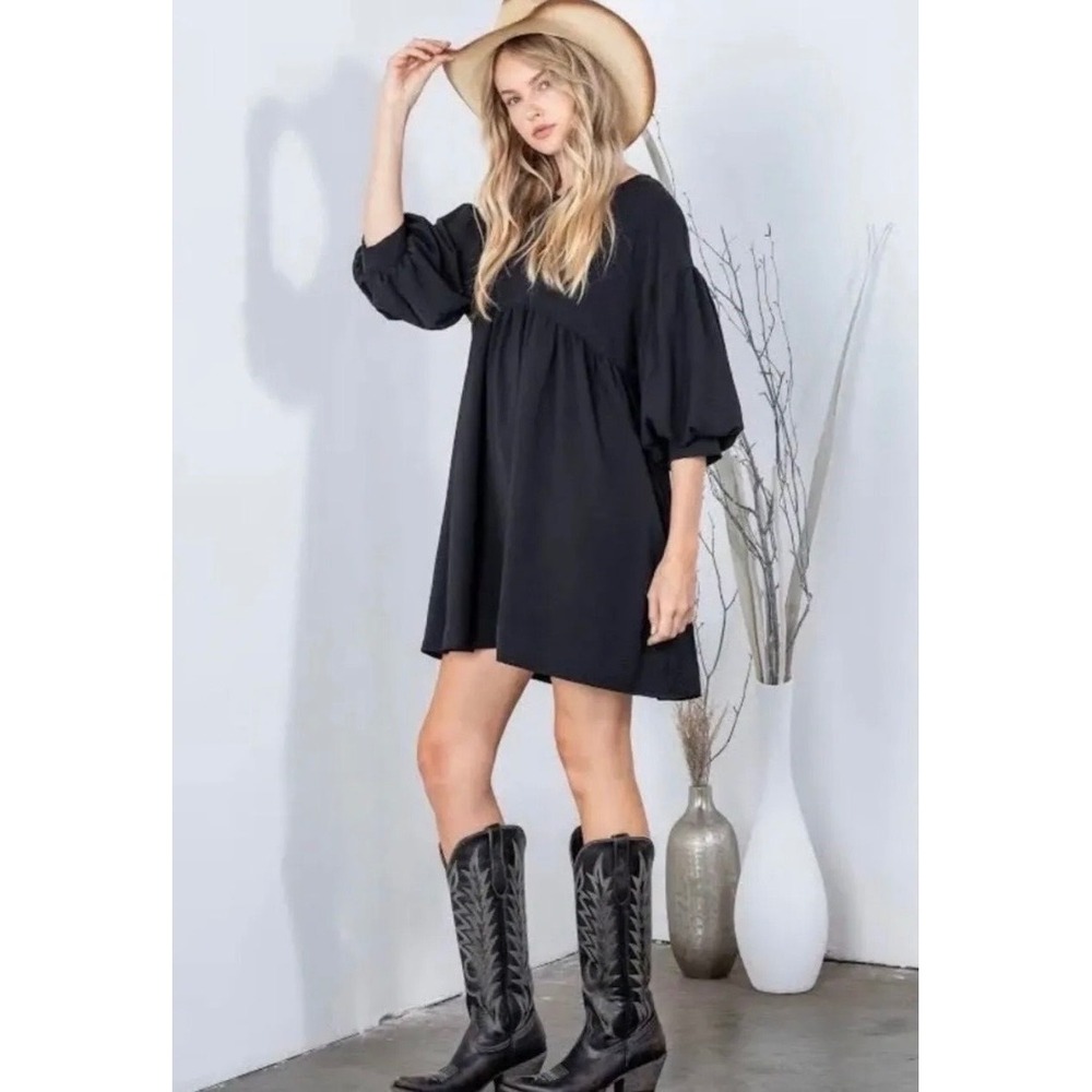 NWT Women Black Babydoll Mini Dress Puff Sleeve M oversized Minimalist Boho‎